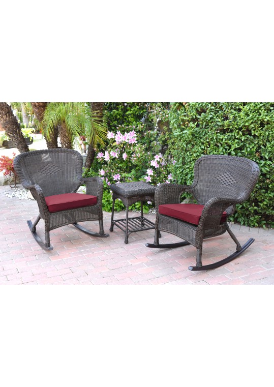 Windsor Espresso Wicker Rocker Chair And End Table Set With Red Chair Cushion