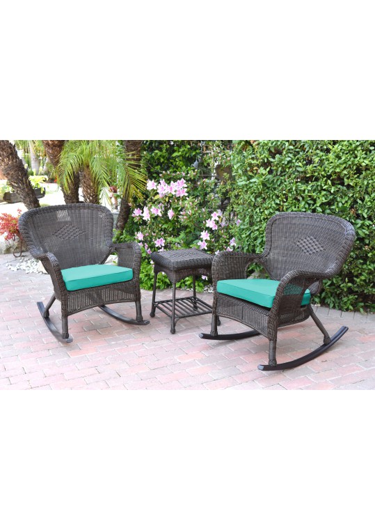 Windsor Espresso Wicker Rocker Chair And End Table Set With Turquoise Chair Cushion