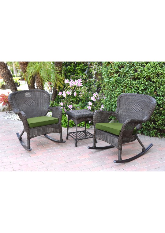 Windsor Espresso Wicker Rocker Chair And End Table Set With Hunter Green Chair Cushion