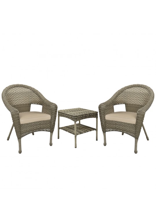 Set of 3 Grey Resin Wicker Clark Single Chair with 2 inch Tan Cushion and End Table
