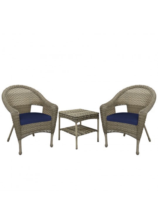 Set of 3 Resin Wicker Clark Single Chair with 2 inch Midnight Blue Cushion and End Table