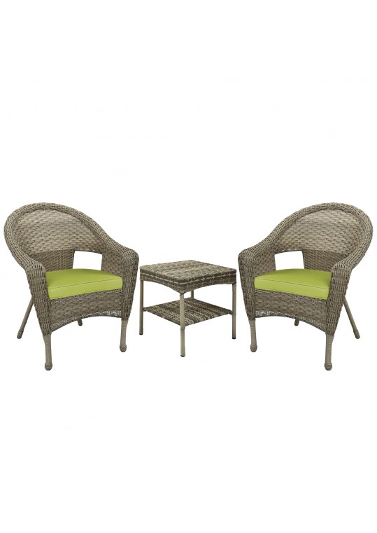 Set of 3 Grey Resin Wicker Clark Single Chair with 2 inch Sage Green Cushion and End Table