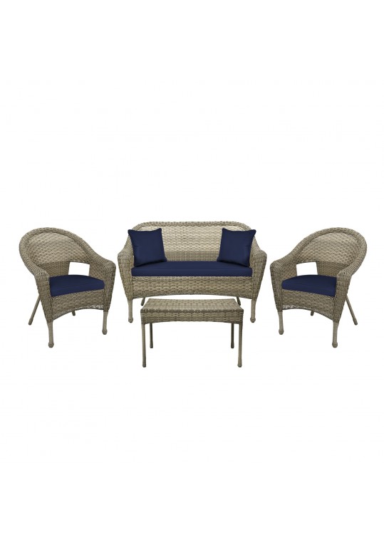 4pcs Grey Resin Wicker Clark Conversation Set with 2 inch Midnight Blue Cushion