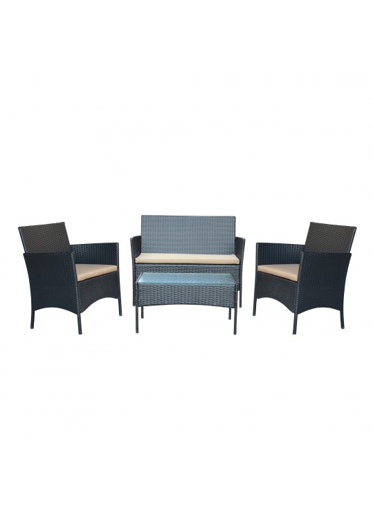 Aoife 4PC Steel Black Resin Wicker Patio Conversation Set with 2" Tan cushion  