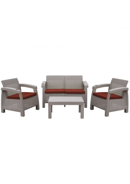 Pontus 4PC Grey Conversation Patio Set with Brick Red Cushion