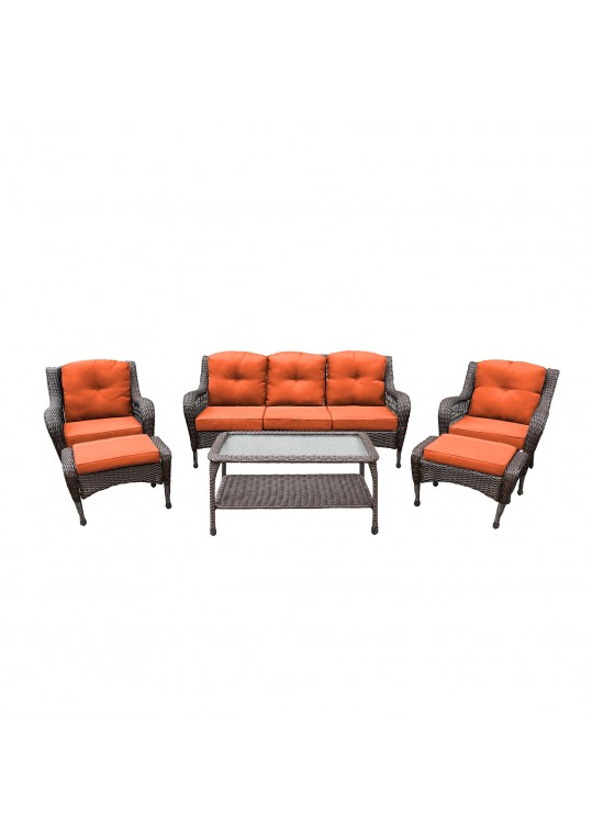 6pc Wicker Seating Set with Orange Cushions