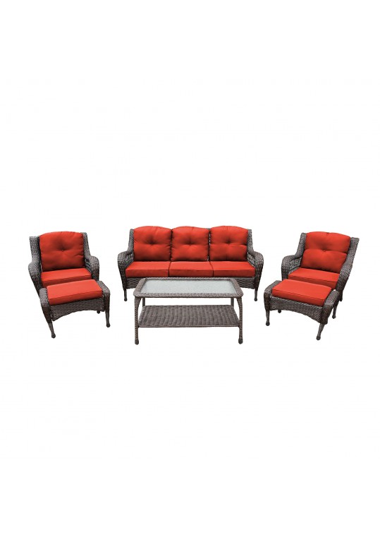 6pc Wicker Seating Set with Brick Red Cushions