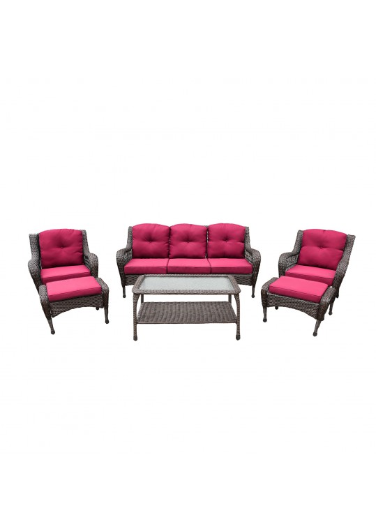 6pc Wicker Seating Set with Red Cushions