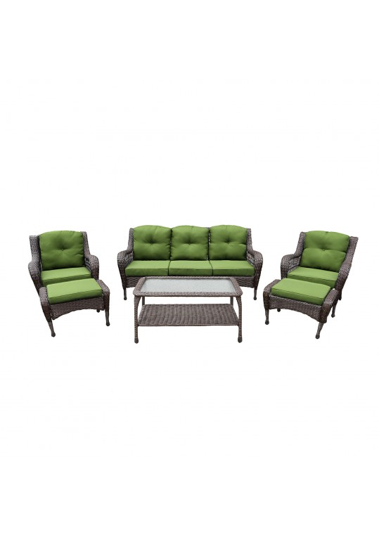 6pc Wicker Seating Set with Hunter Green Cushions