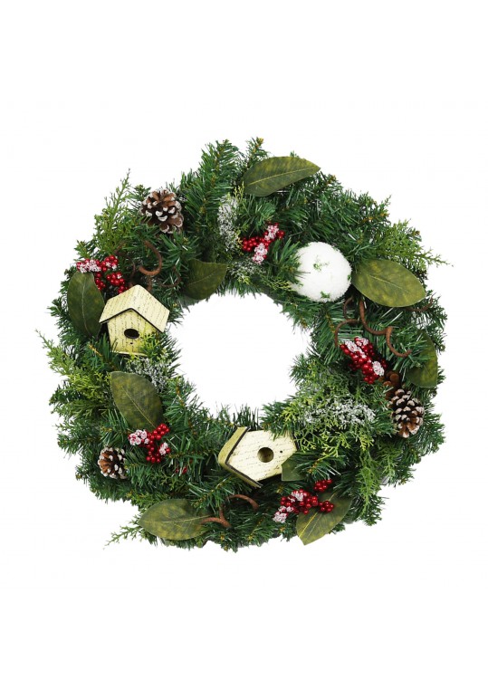 24 inch Christmas Wreath with Birdhouses and Red Berries