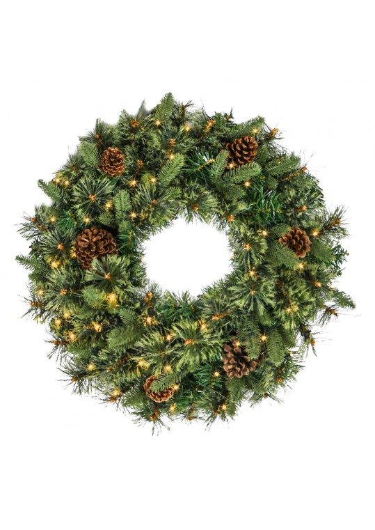 24 inch Christmas Wreath with Pine Needles and Lights