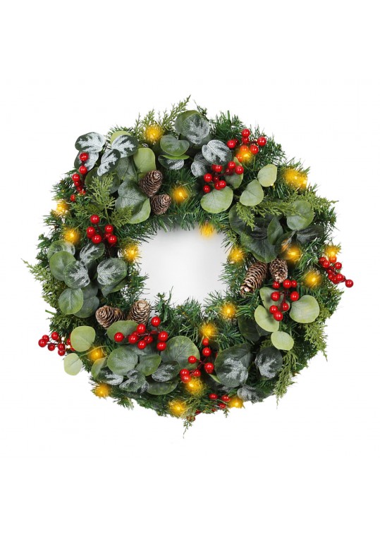 24 inch Eucalytpus Christmas Wreath with Red Berries and Lights