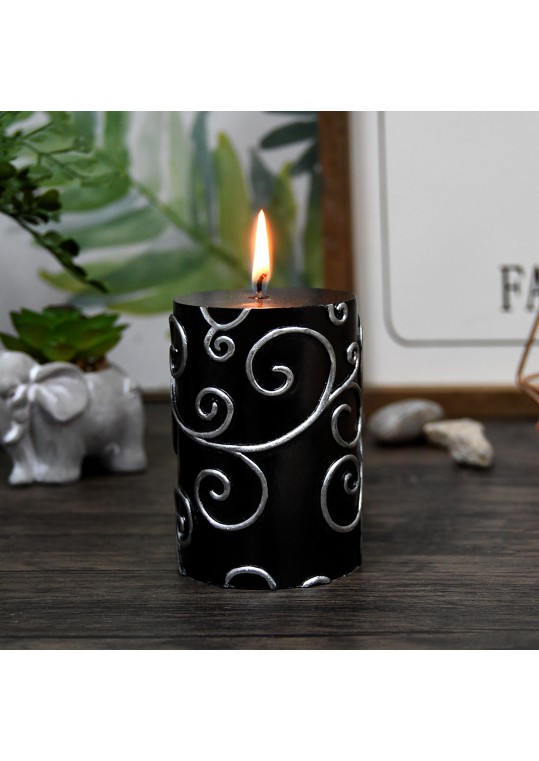 3 x 4 Inch Black Scroll Pillar Candle (12pcs/Case) Bulk