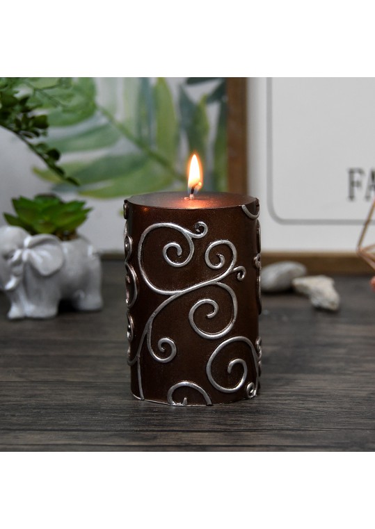 3 x 4 Inch Brown Scroll Pillar Candle (12pcs/Case) Bulk