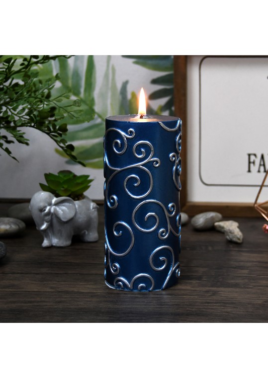 3 x 6 Inch Blue Scroll Pillar Candle