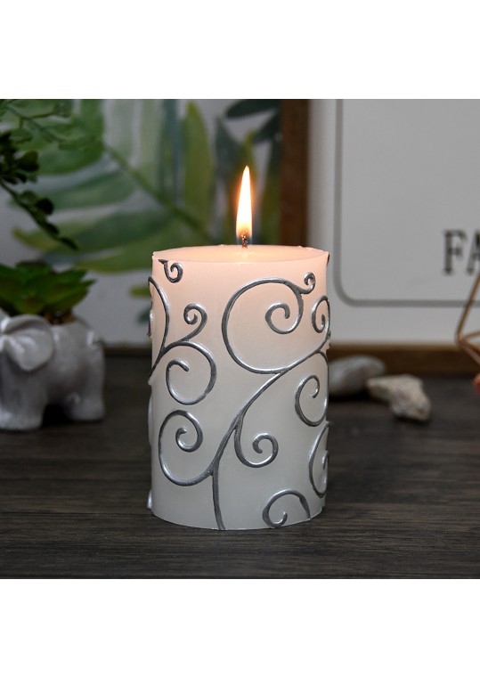 3 x 4 Inch White Scroll Pillar Candle (12pcs/Case) Bulk