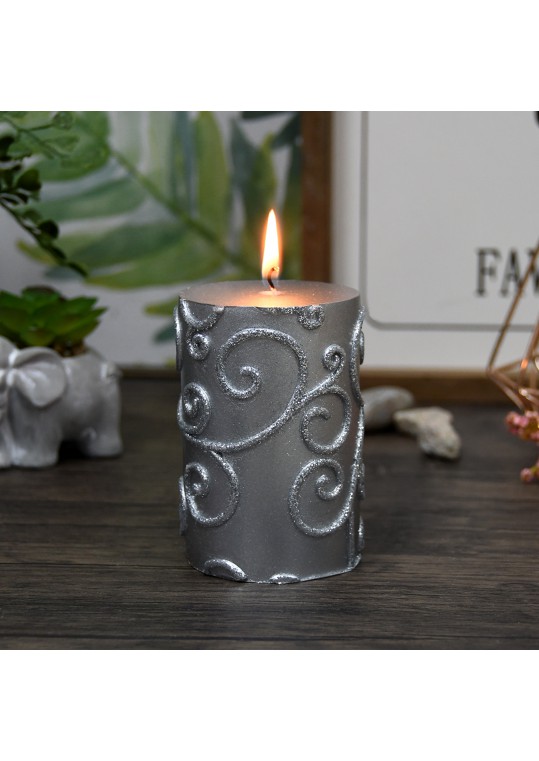 3 x 4 Inch Silver Scroll Pillar Candle