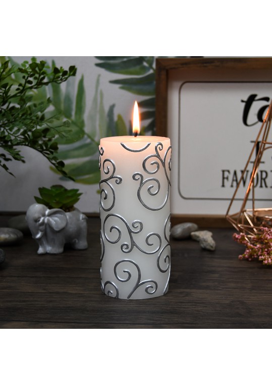 3 x 6 Inch White Scroll Pillar Candle