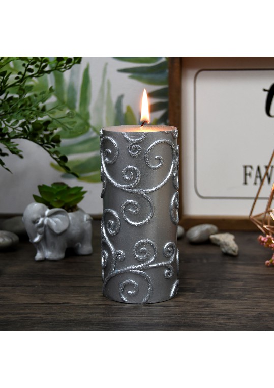 3 x 6 Inch Silver Scroll Pillar Candle