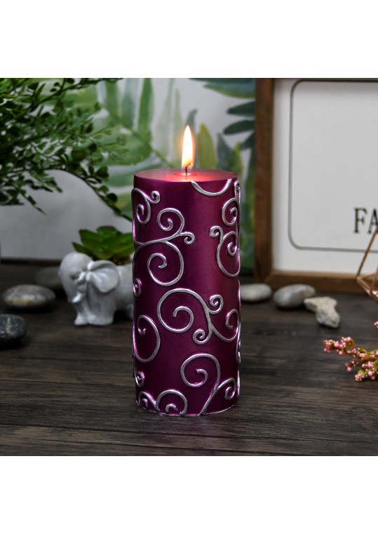 3 x 6 Inch Purple Scroll Pillar Candle