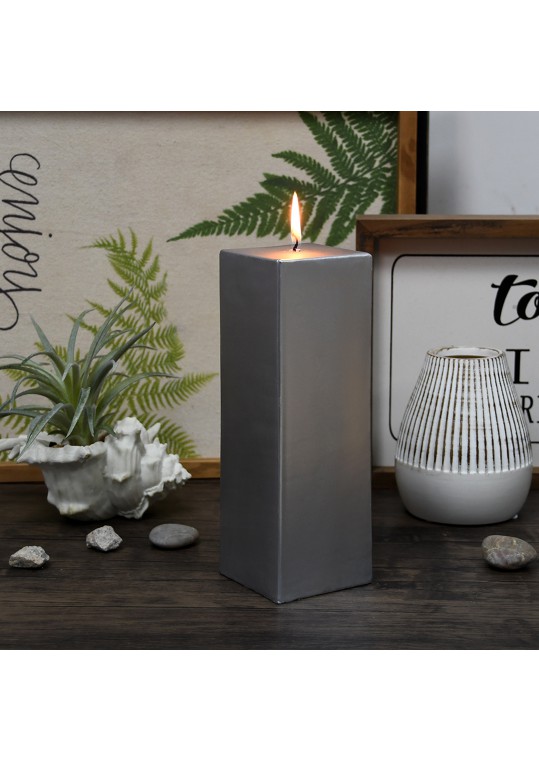 3 x 9 Inch Metallic Silver Square Pillar Candle