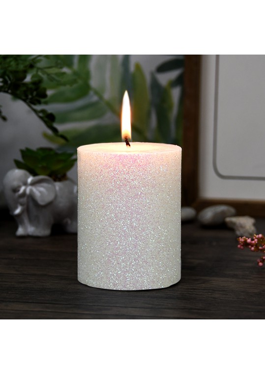 3 x 4 Inch Metallic White Glitter Pillar Candle
