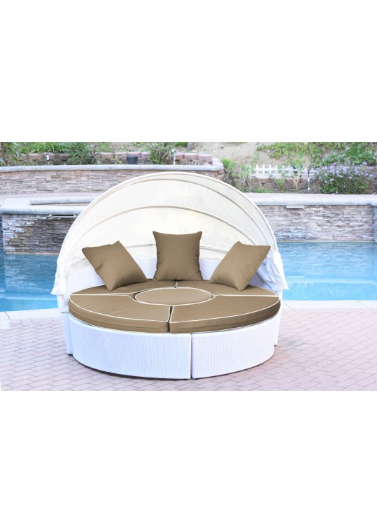 All-Weather White Wicker Sectional Daybed - Tan Cushions