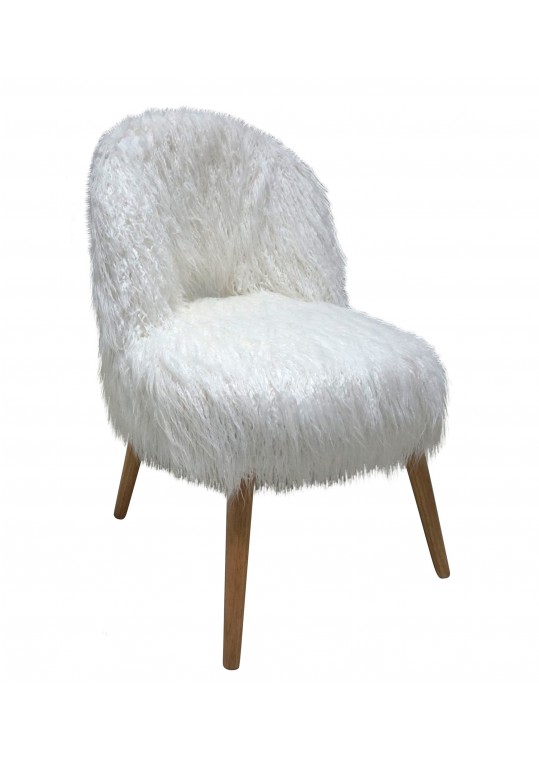 WHITE FAUX FUR CURLY BACK CHAIR W/NATURAL LEGS