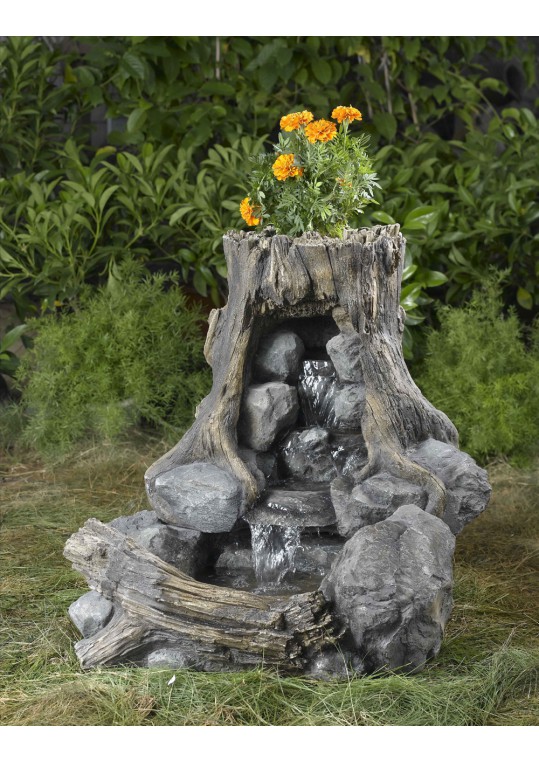 Wood and Rock Fountain with Flower Pot