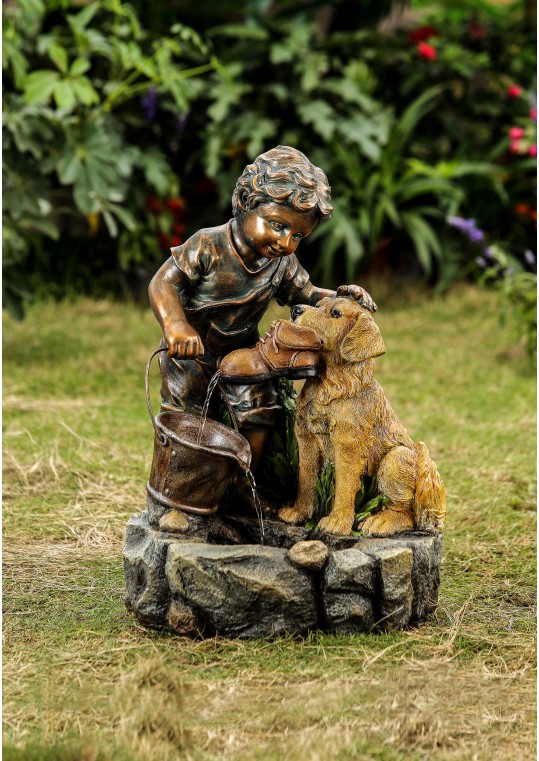 Boy Plays with Dog Water Fountain