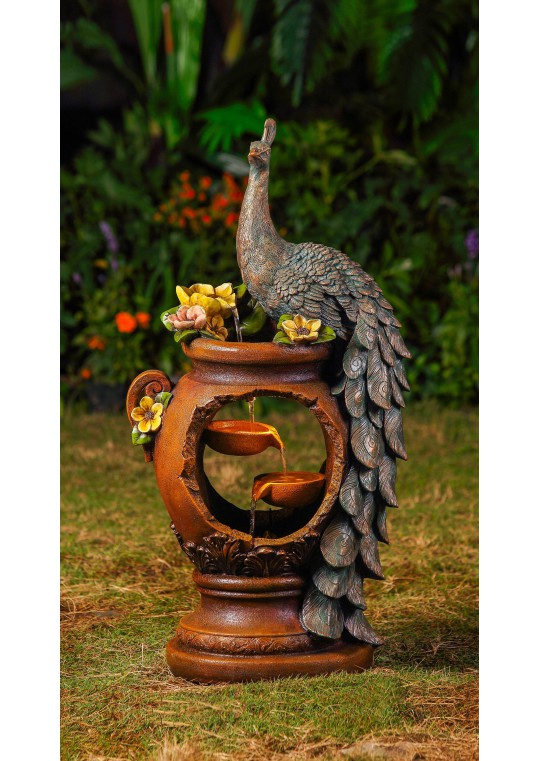 Peacock Water Fountain with LED Lighting