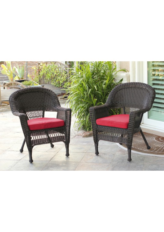Espresso Wicker Chair With Brick Red Cushion - Set of 4