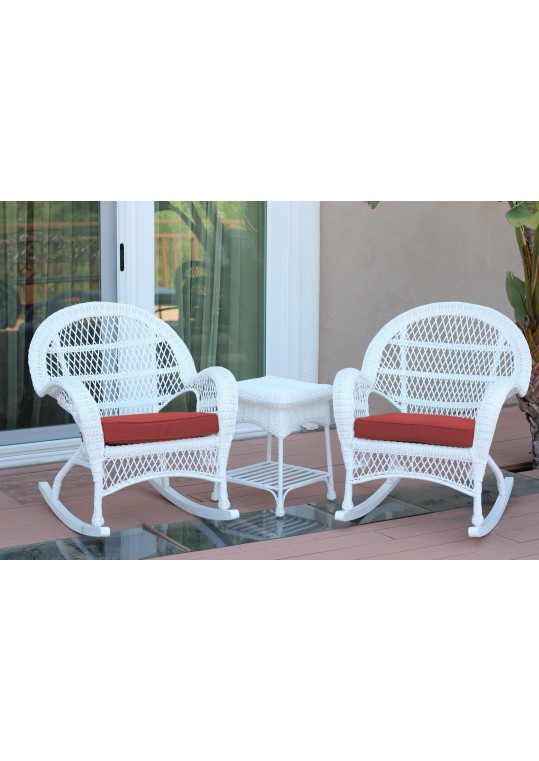 3pc Santa Maria White Rocker Wicker Chair Set - Brick Red Cushions