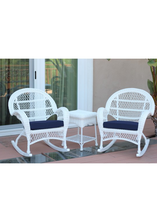 3pc Santa Maria White Rocker Wicker Chair Set - Midnight Blue Cushions