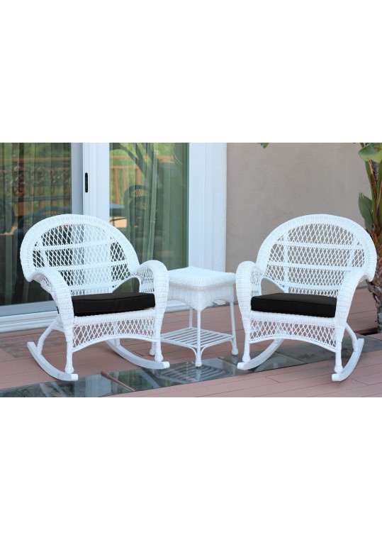 3pc Santa Maria White Rocker Wicker Chair Set - Black Cushions