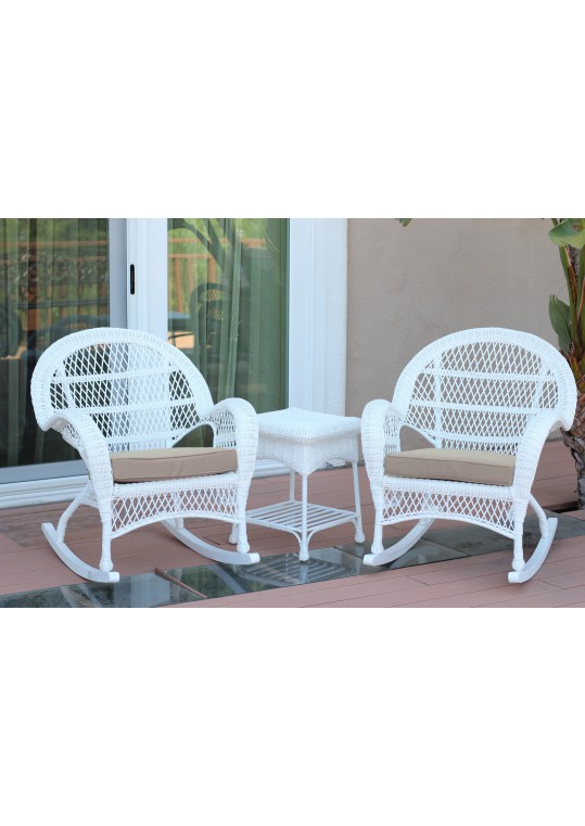 3pc Santa Maria White Rocker Wicker Chair Set - Tan Cushions