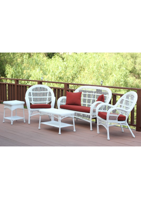 5pc Santa Maria White Wicker Conversation Set - Brick Red Cushion