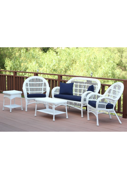 5pc Santa Maria White Wicker Conversation Set - Midnight Blue Cushion