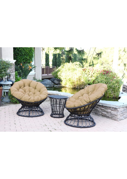 Papasan Espresso Wicker Swivel Chair and Table Set with Tan Cushion