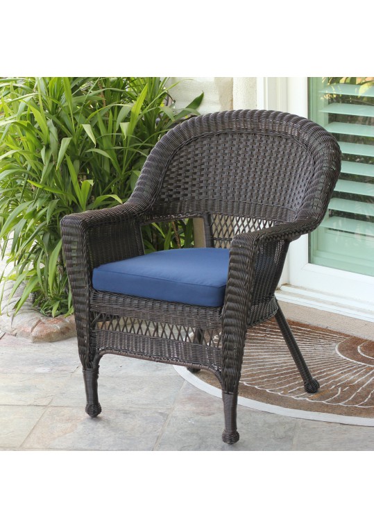 Espresso Wicker Chair With Midnight Blue Cushion