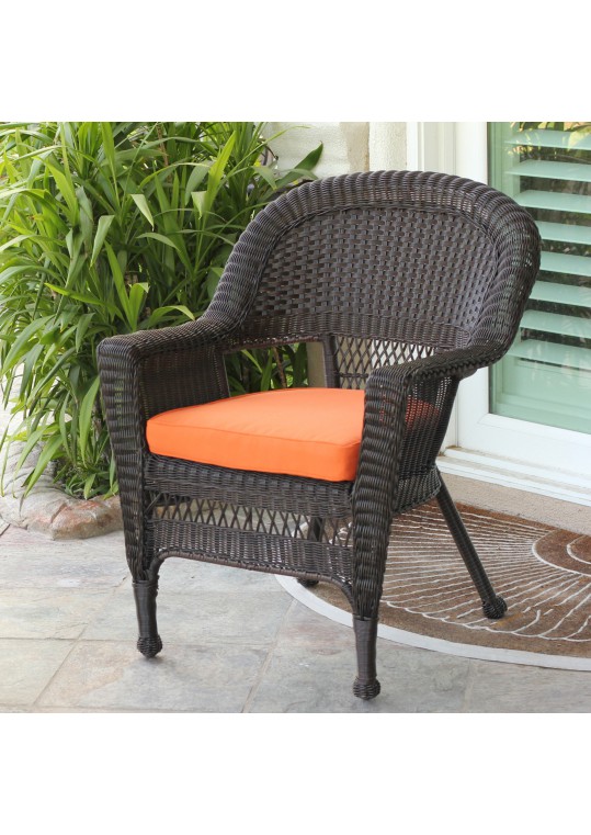 Espresso Wicker Chair With Orange Cushion