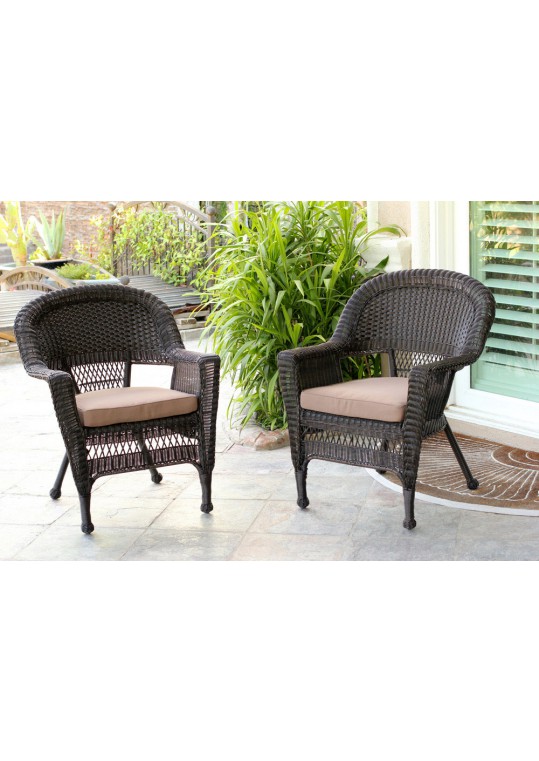 Espresso Wicker Chair With Brown Cushion - Set of 2