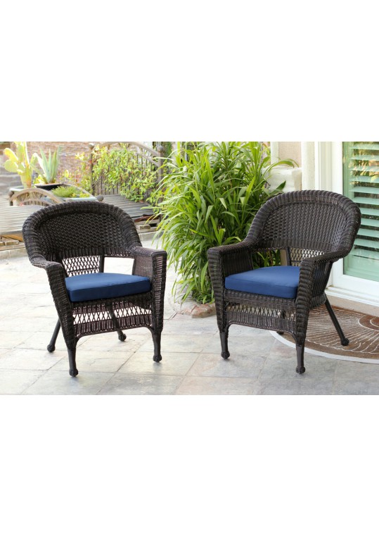 Espresso Wicker Chair With Midnight Blue Cushion - Set of 2