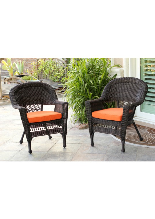 Espresso Wicker Chair With Orange Cushion - Set of 2