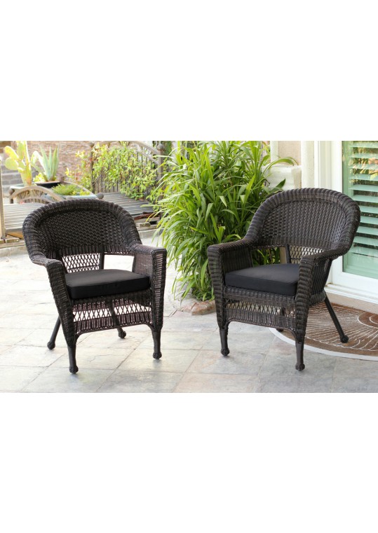Espresso Wicker Chair With Black Cushion - Set of 2