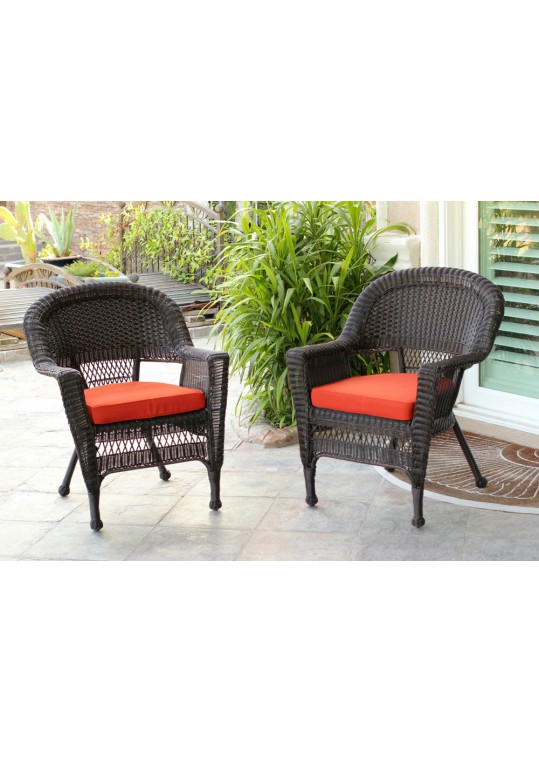 Espresso Wicker Chair With Brick Red Cushion - Set of 2