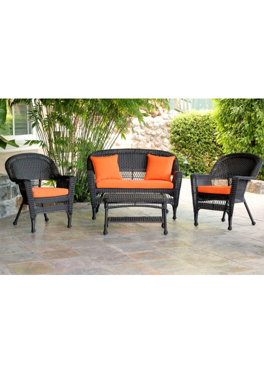 4pc Espresso Wicker Conversation Set - Orange Cushions