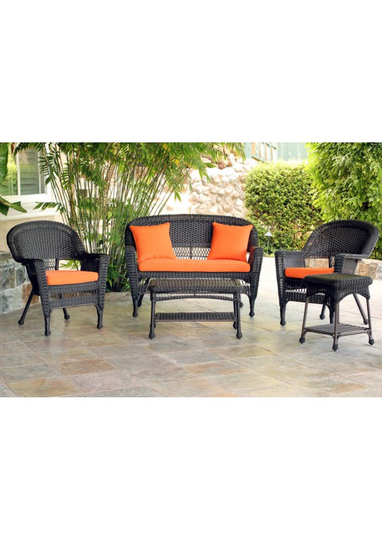 5pc Espresso Wicker Conversation Set - Orange Cushions