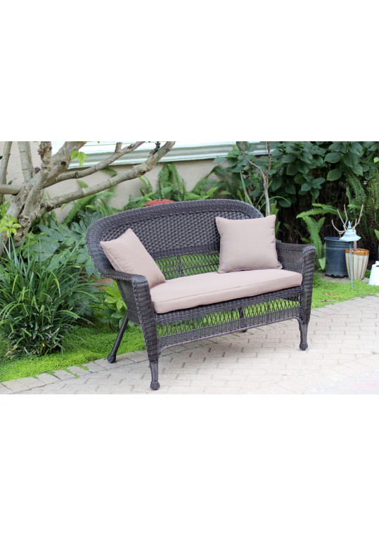 Espresso Wicker Patio Love Seat With Brown Cushion and Pillows