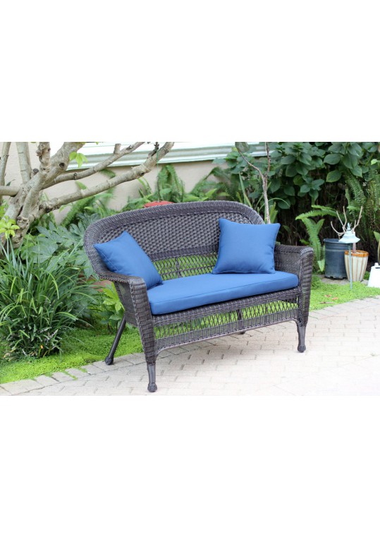 Espresso Wicker Patio Love Seat With Midnight Blue Cushion and Pillows